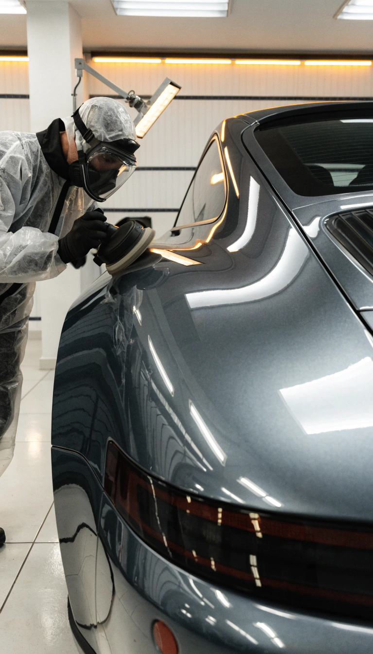 Профессиональная финишная полировка кузова автомобиля Porsche в специализированной малярной студии