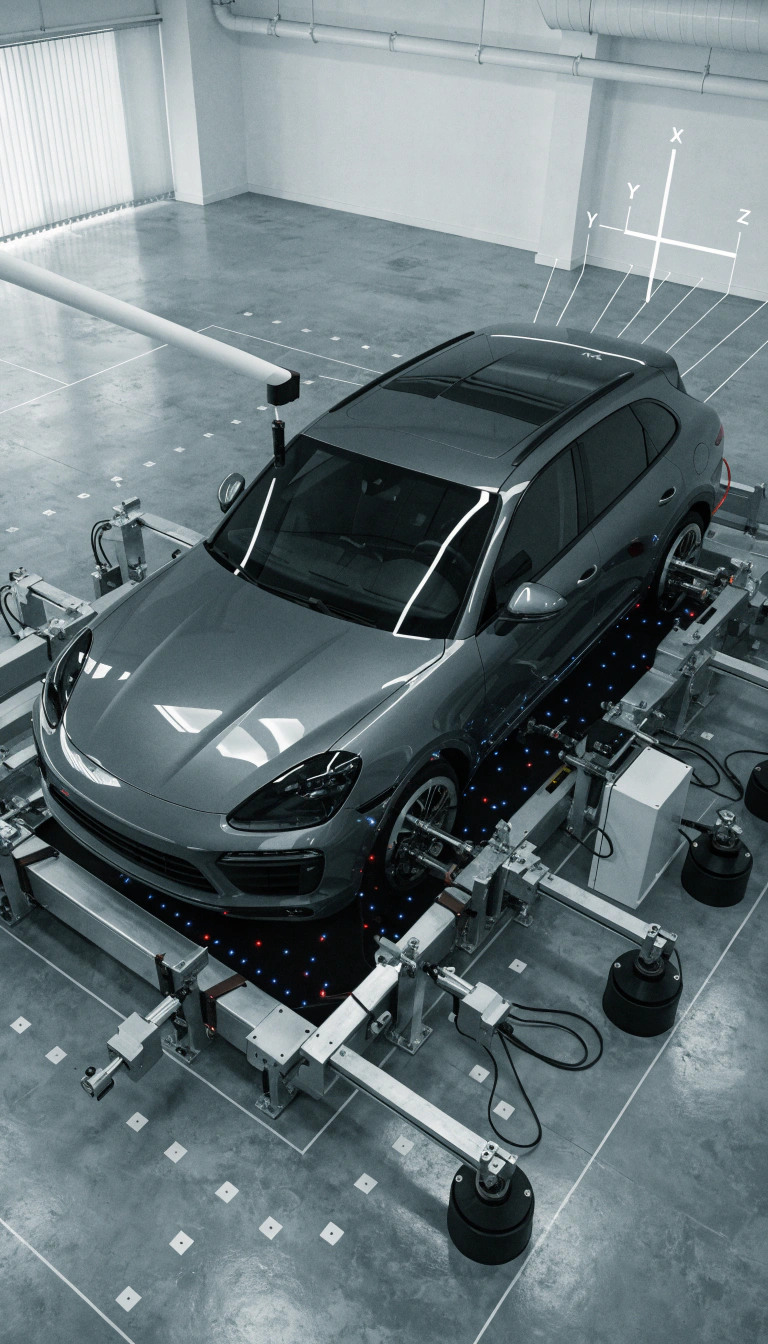 Процесс восстановления геометрии кузова Porsche Cayenne на цифровом стапеле с лазерными датчиками